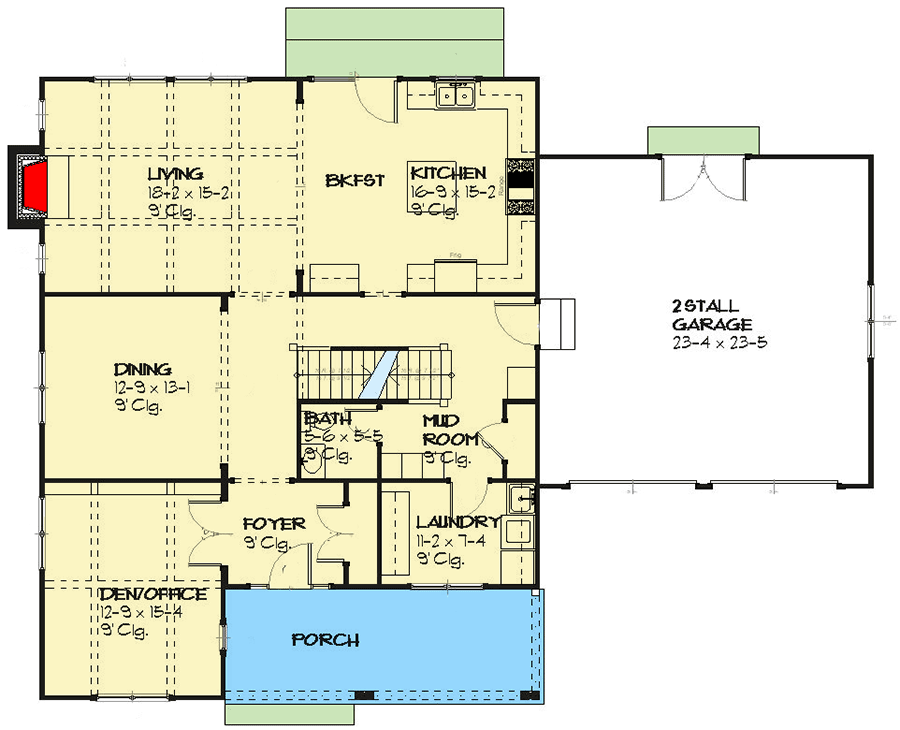 Plan 970085VC: 3-Bed Traditional House Plan with Bonus Room above Garage - Floor Plan - Main Level - Country, Farmhouse, Traditional