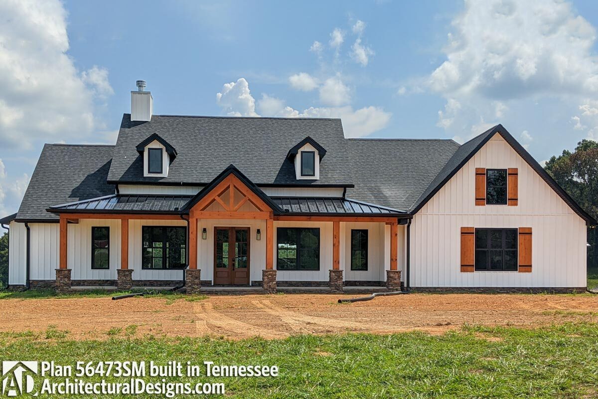 New American Farmhouse Plan with Brick and Board and Batten Exterior ...