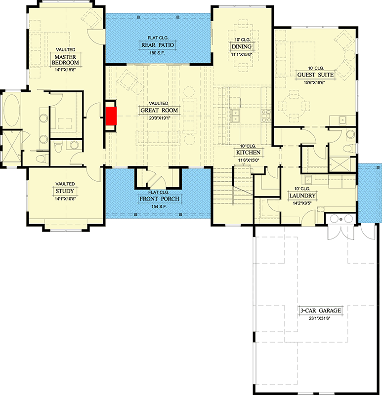 Plan 365001PED: Rugged New American House Plan with Vaulted Great Room and Master Suite - Floor Plan - Main Level - Craftsman, Mountain, New American, Rustic