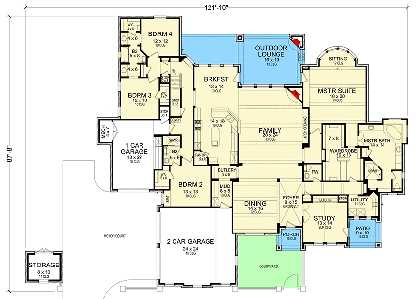 Plan 36637TX: French Country House Plan with 4 Bonus Rooms Upstairs - 4171 Sq Ft - Floor Plan - Main Level - European, French Country, Traditional