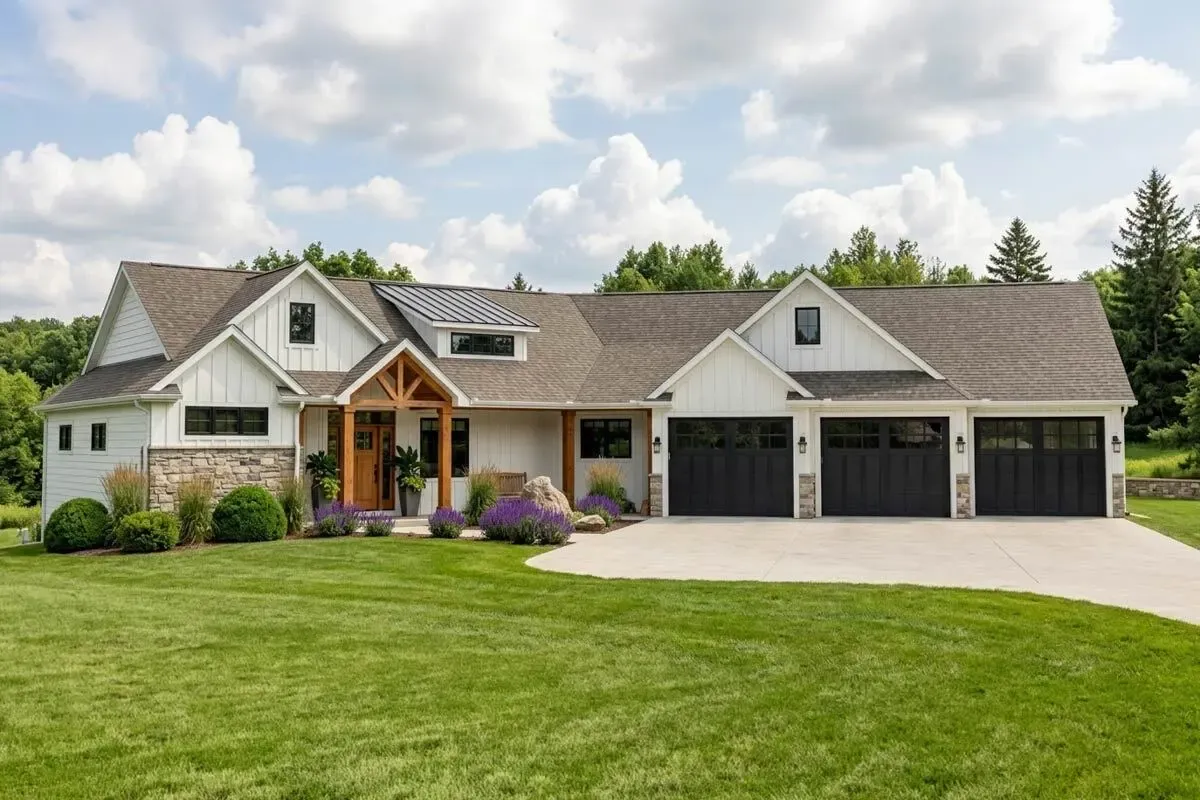 Modern Farmhouse Plan with Angled Garage and Screened Porch
