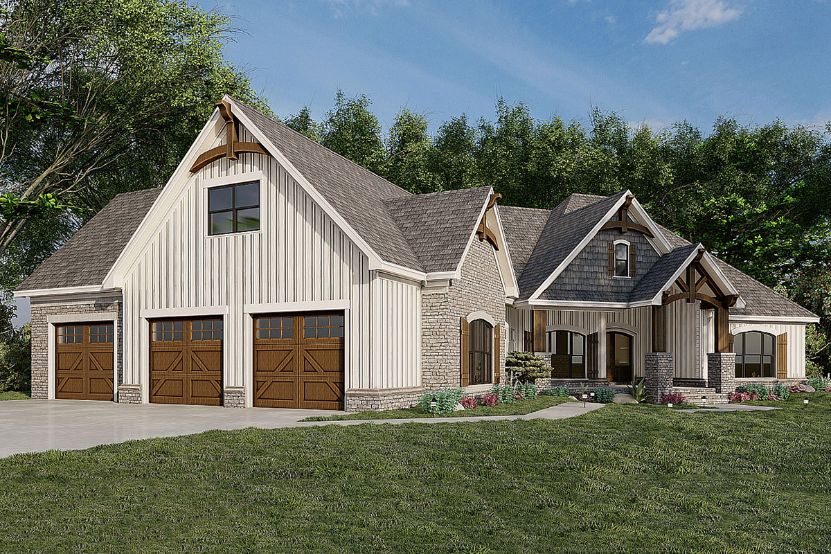 1881岡田 力道山 3体セット モグラハウス製 Plan 70684MK: Mountain Craftsman House Plan with Angled 3-Car