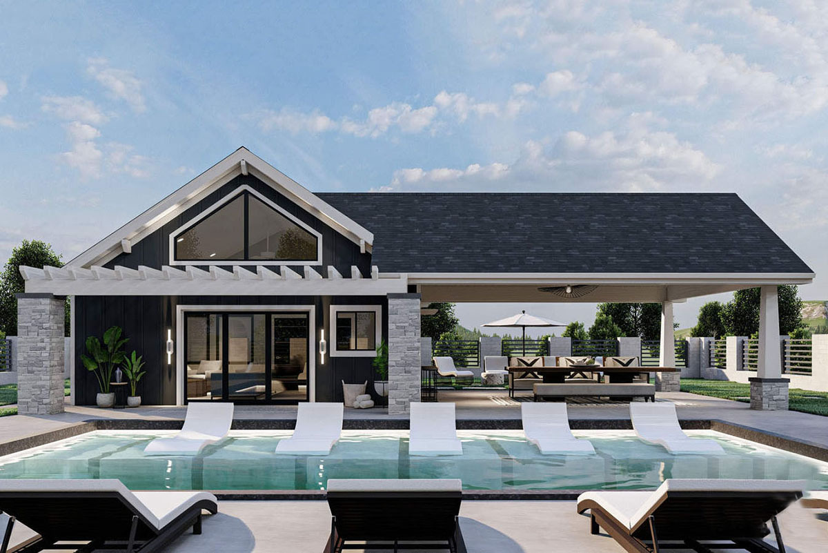 Contemporary Poolhouse Plan with Cathedral Ceiling Covered Patio ...