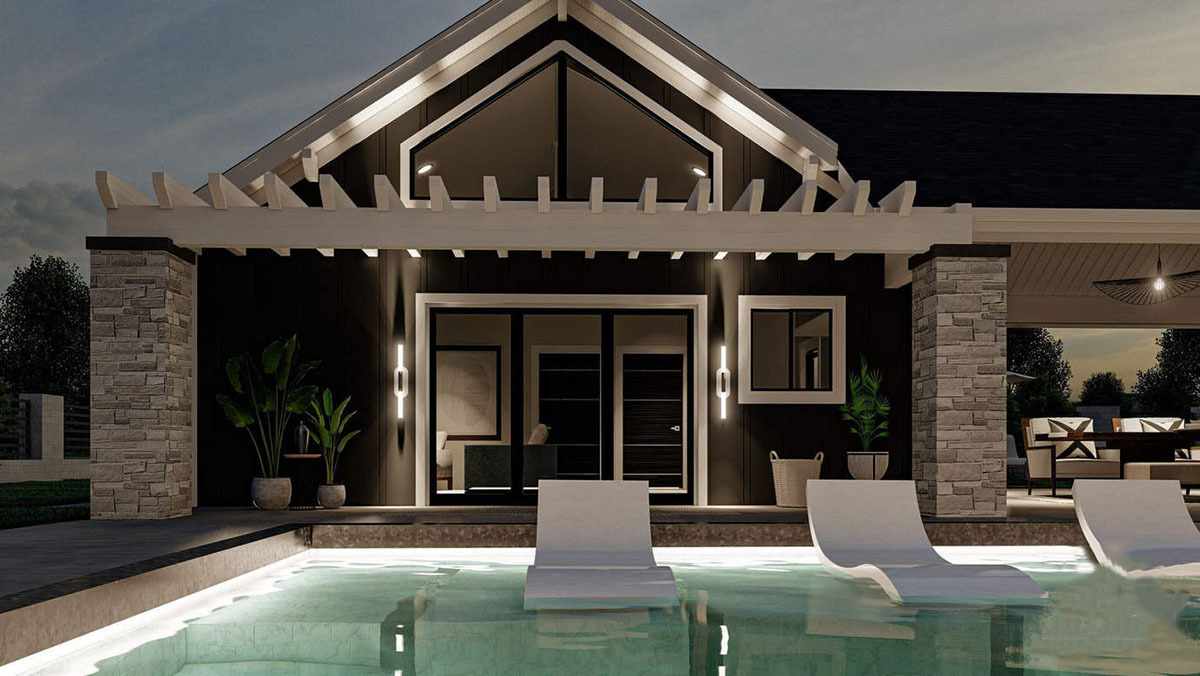 Contemporary Poolhouse Plan with Cathedral Ceiling Covered Patio ...