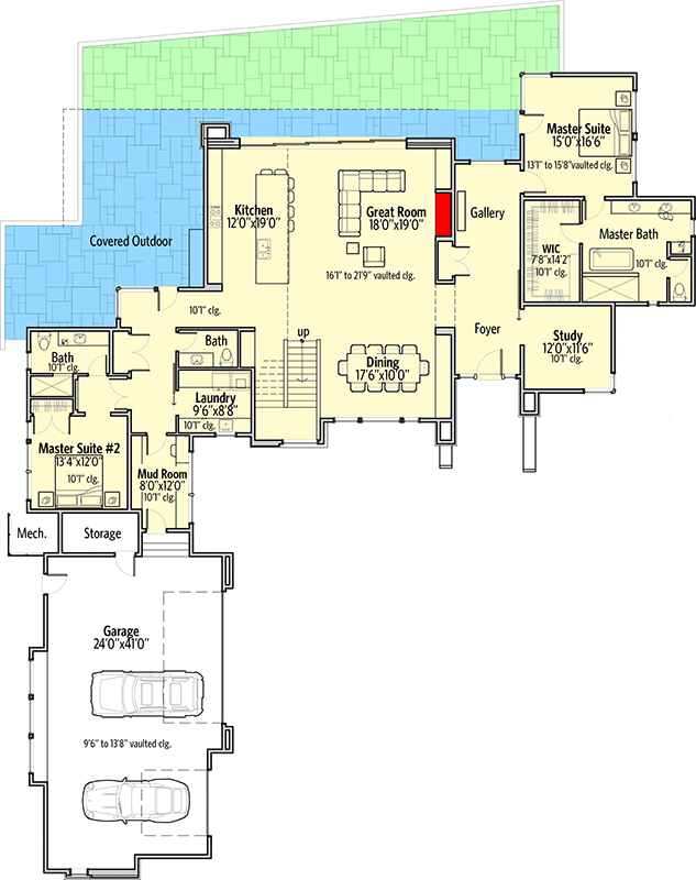 Mountain Contemporary Home Plan with Dramatic Open Floor Plan and Two Master Suites - 54225HU floor plan - Main Level