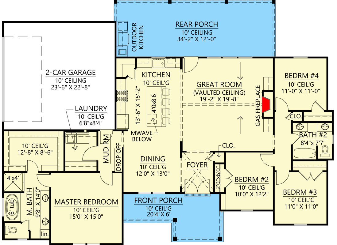 4-Bed New American House Plan with Outdoor Kitchen and 2-Car Garage - 2035 Sq Ft - 56493SM floor plan - Main Level