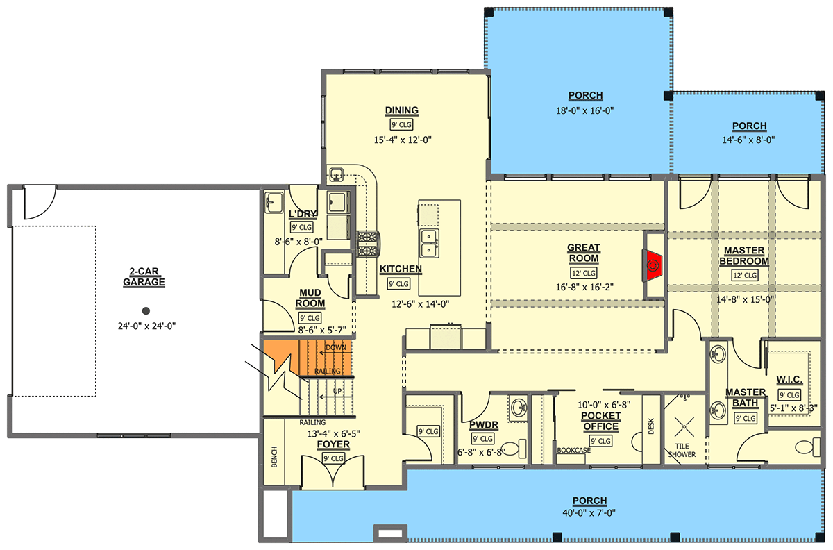 Plan 911007JVD: Modern Farmhouse Plan Under 2500 Square Feet with Main-floor Master Bedroom - Floor Plan - Main Level - Country, Modern Farmhouse, New American, Traditional