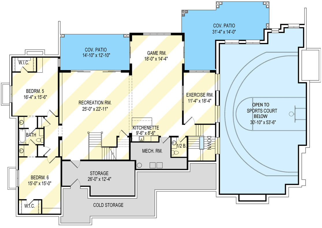 Plan 290139IY: Extravagant Two-story Modern Farmhouse Plan with Casita and Sports Court - Floor Plan - Lower Level - Country, Craftsman, Farmhouse, Modern Farmhouse, Mountain, New American, Northwest