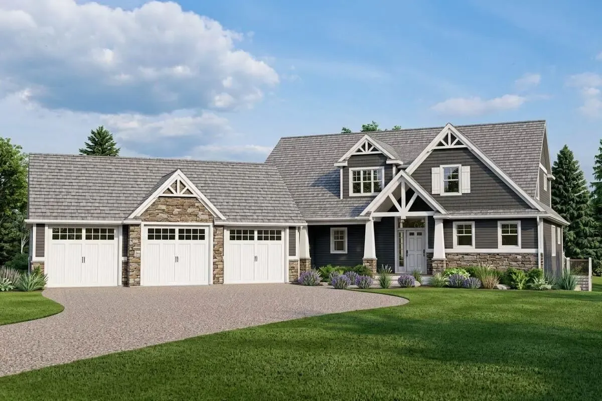 New American Craftsman Home Plan with Two-story Great Room and Angled Garage