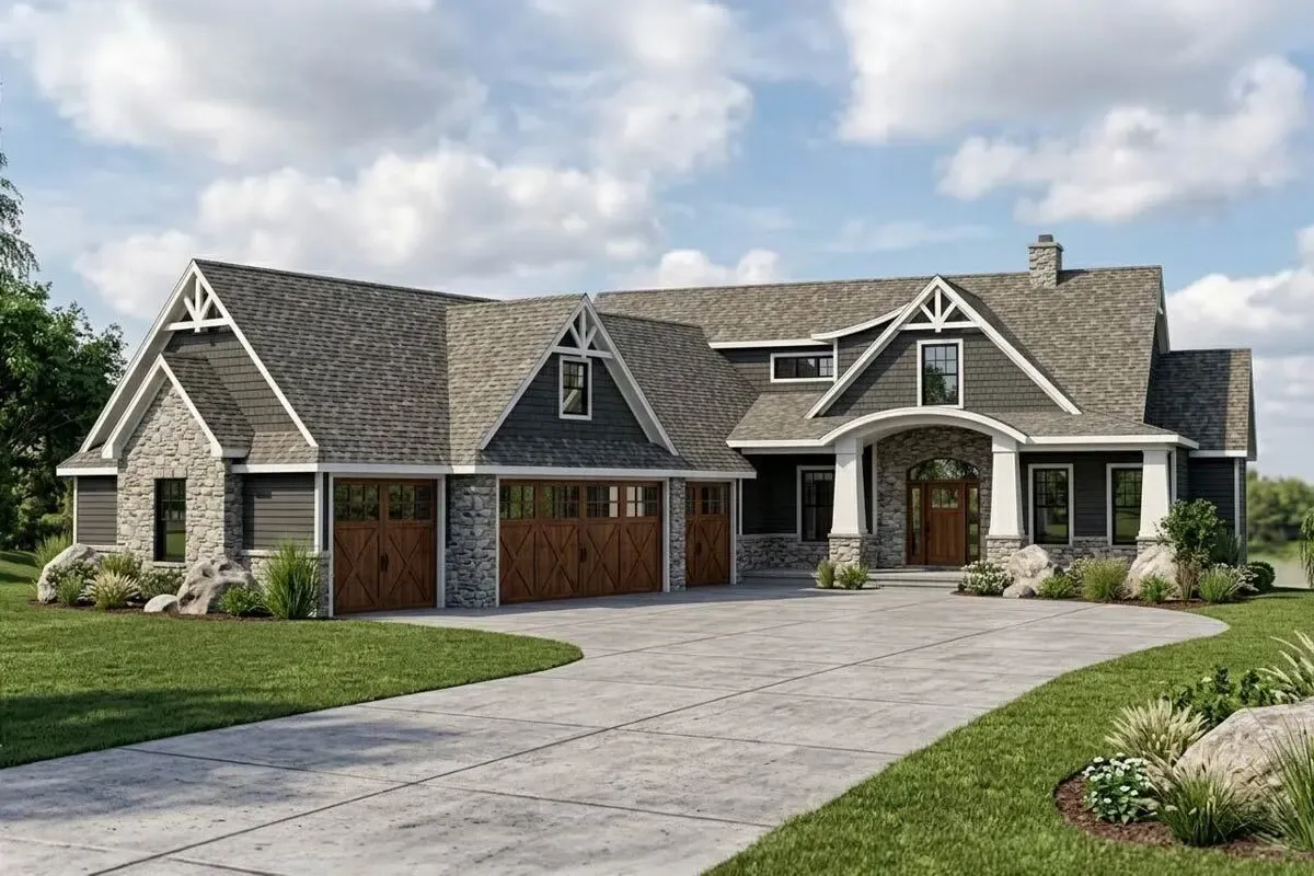 2-Bed New American Craftsman Plan with Angled Garage