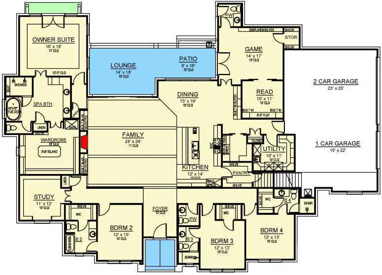 Plan 36657TX: Traditional European House Plan with Game / Media Rooms - Floor Plan - Main Level - European, Hill Country, Traditional