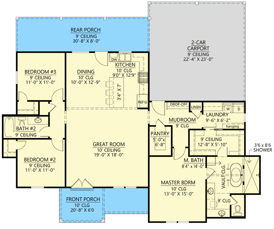 Plan 56503SM: Split Bedroom Modern Farmhouse Plan with Side-Loading Carport - 1676 Sq Ft - Floor Plan - Main Level - Cottage, Country, Craftsman, Farmhouse, Modern Farmhouse, New American, Traditional