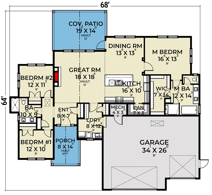 Plan 280140JWD: Craftsman House Plan with Split Bedrooms and Covered Patio - 1924 Sq Ft - Floor Plan - Main Level - Craftsman, New American, Ranch