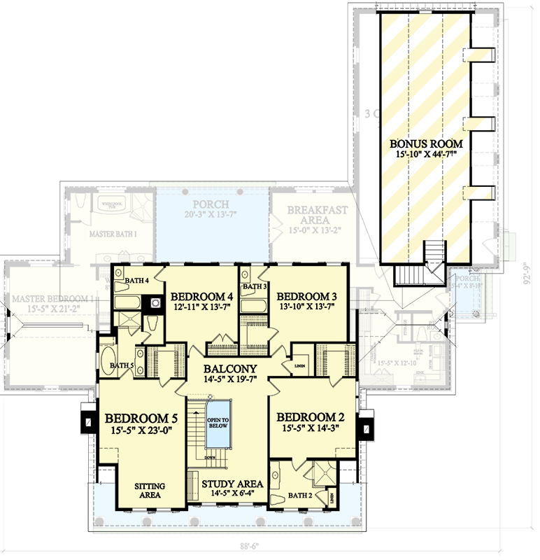 Plan 32619WP: 5 Beds Plus Giant Bonus Room - Floor Plan - 2nd Floor - Country, Southern, Southern Traditional, Traditional