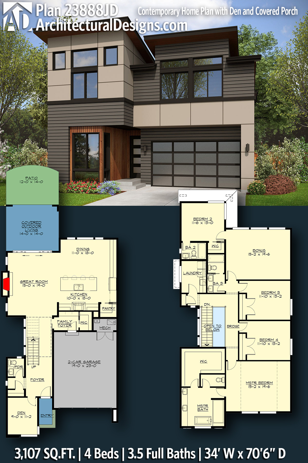 Contemporary Home Plan with Den and Covered Porch - 23888JD ...