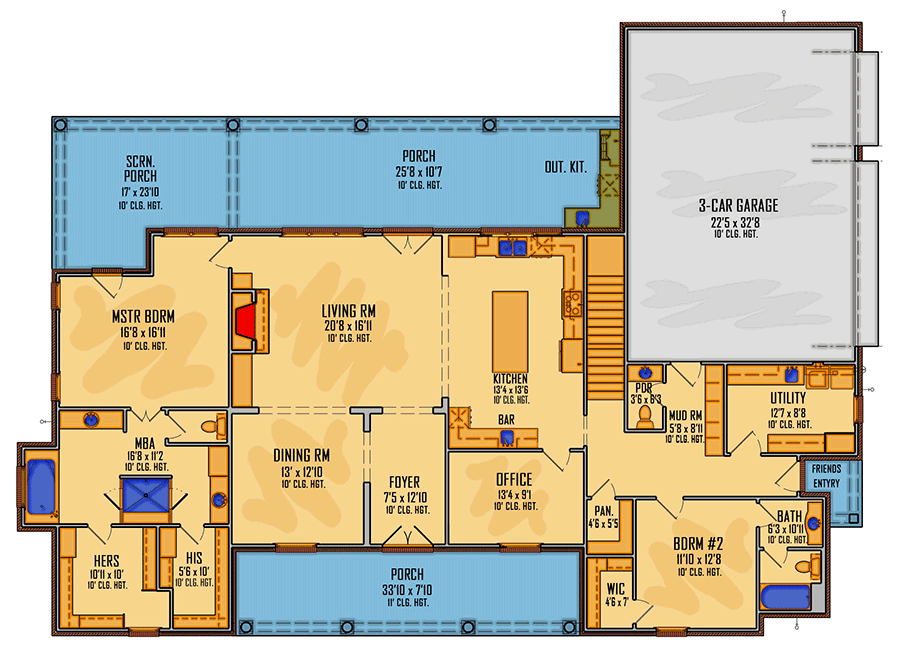 Plan 510204WDY: Exclusive New American Home Plan with Home Office and Partially-screened Porch - Floor Plan - Main Level - Country, Farmhouse, New American, Southern, Traditional
