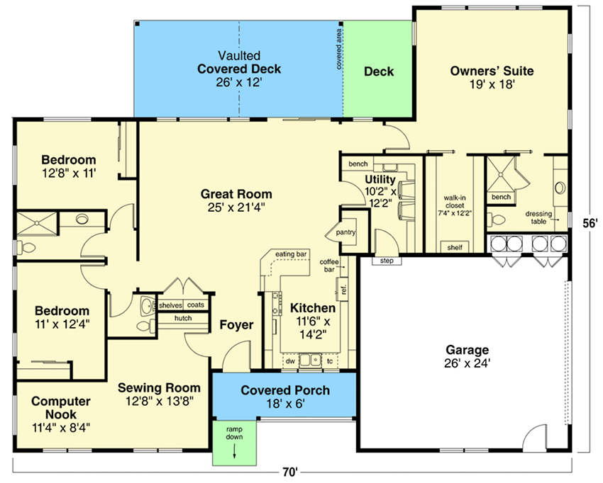 Plan 72255DA: One-level Country Home Plan with Home Office or Hobby Room - Floor Plan - Main Level - Country, Ranch