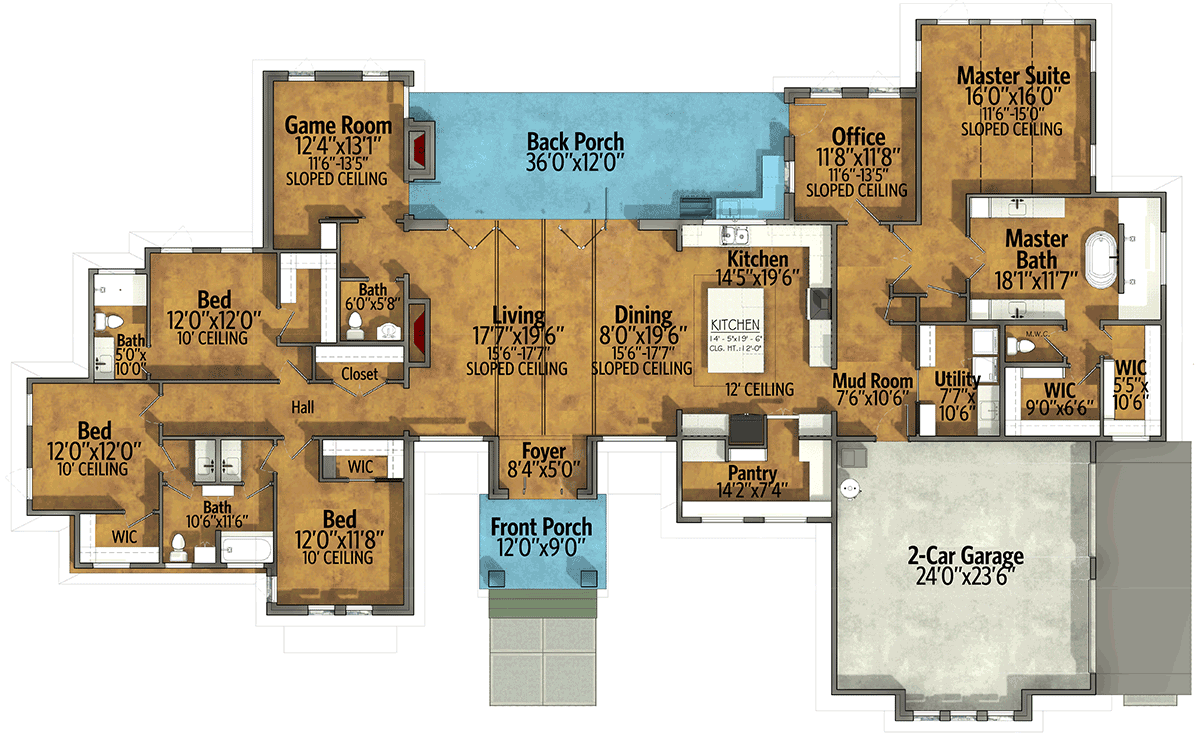 Plan 430080LY:  4-Bed Contemporary Home Plan with Home Office, Game Room and Dynamic Ceilings - Floor Plan - Main Level - Contemporary, Mid Century Modern, Modern, Ranch