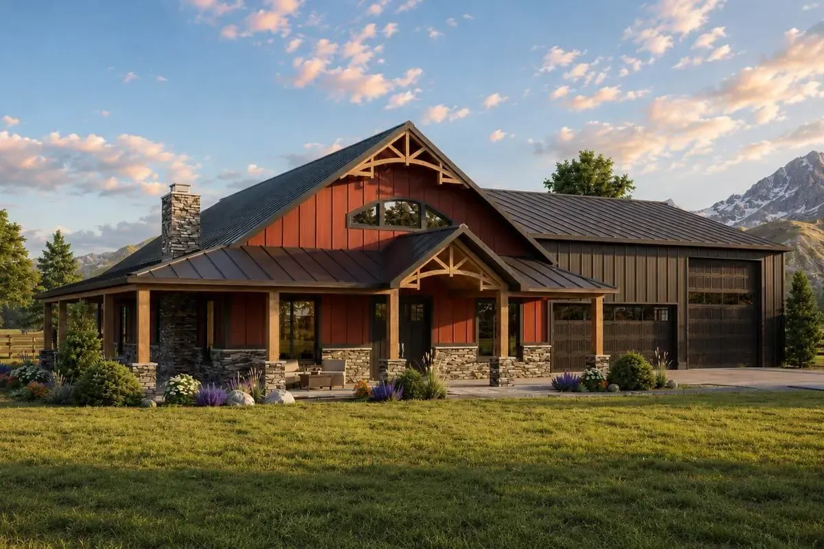 Farmhouse-Inspired Barndominium with Wraparound Porch - 2039 Sq Ft