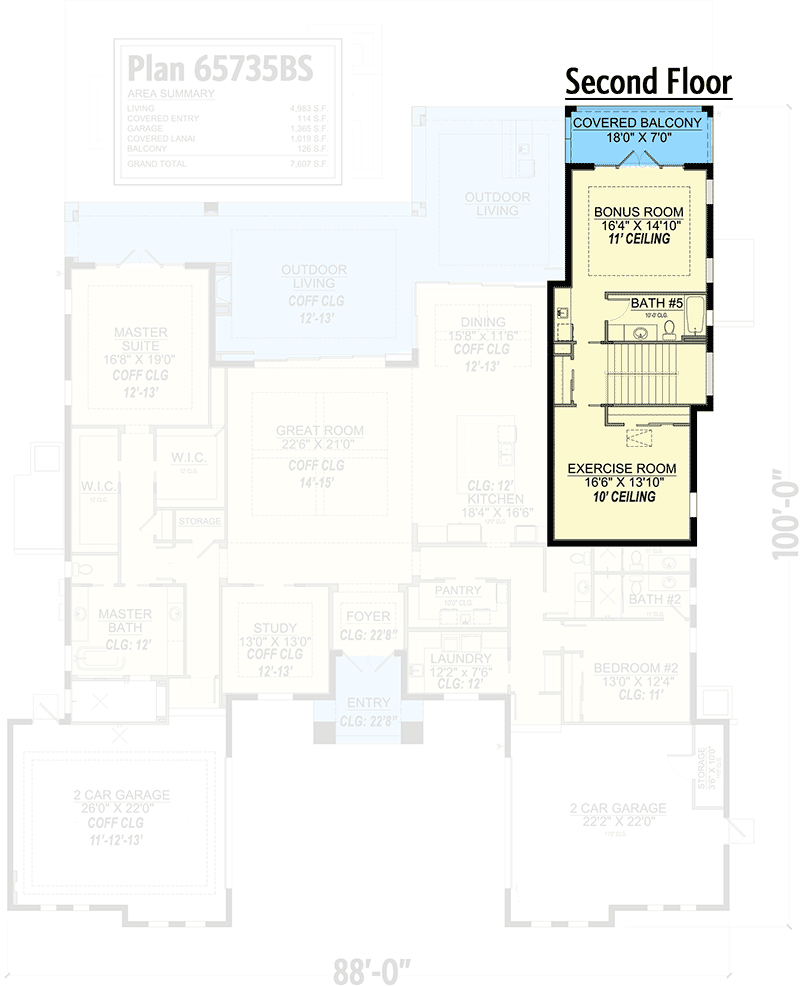 Plan 65735BS: Contemporary Beach Home Plan with Second-level Bonus and Exercise Rooms - Floor Plan - Second Level - Coastal, Contemporary, Florida-Style, Transitional, Vacation