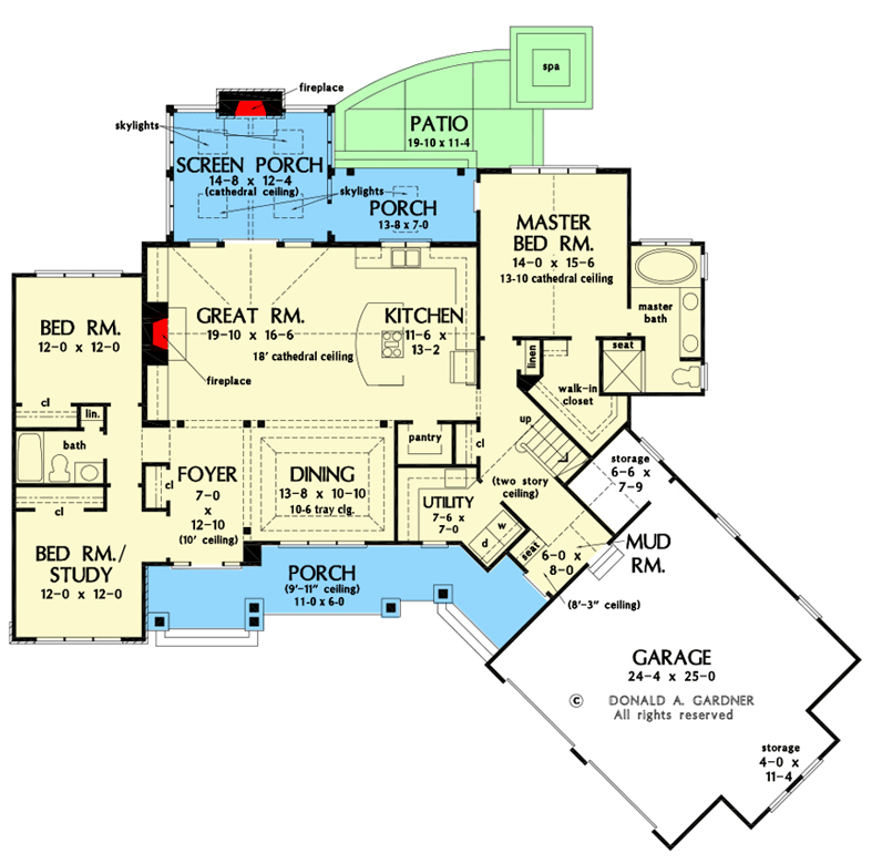 Single-level Craftsman Plan with Screened Porch and Bonus Room - 444011GDN floor plan - Main Level