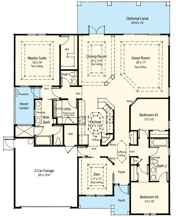 Plan 33081ZRX: Contemporary One-Story Home Plan with 3-Beds Under 2200 Square Feet - Floor Plan - Main Level - Southern, Traditional
