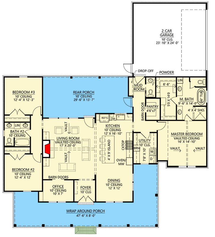 Plan 56510SM: Farmhouse with Home Office and Wraparound Porch - 2085 Sq Ft - Floor Plan - Main Level - Country, Modern Farmhouse, New American