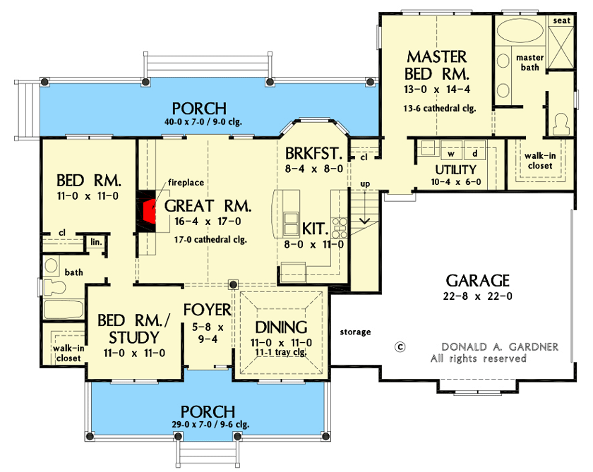 Three-Dormered Country House Plan with 17'-high Cathedral Ceiling - 444050GDN floor plan - Main Level