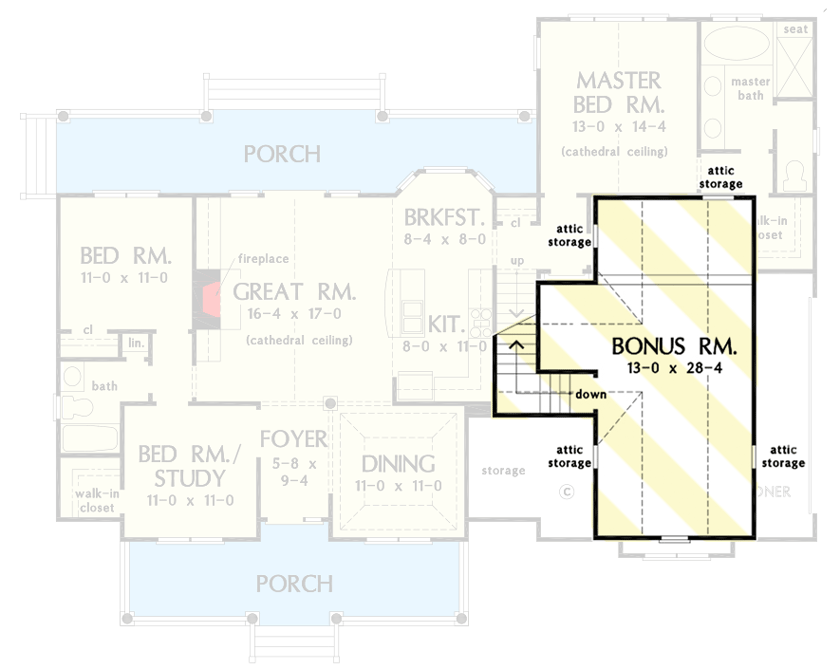 Three-Dormered Country House Plan with 17'-high Cathedral Ceiling - 444050GDN floor plan - Bonus Room