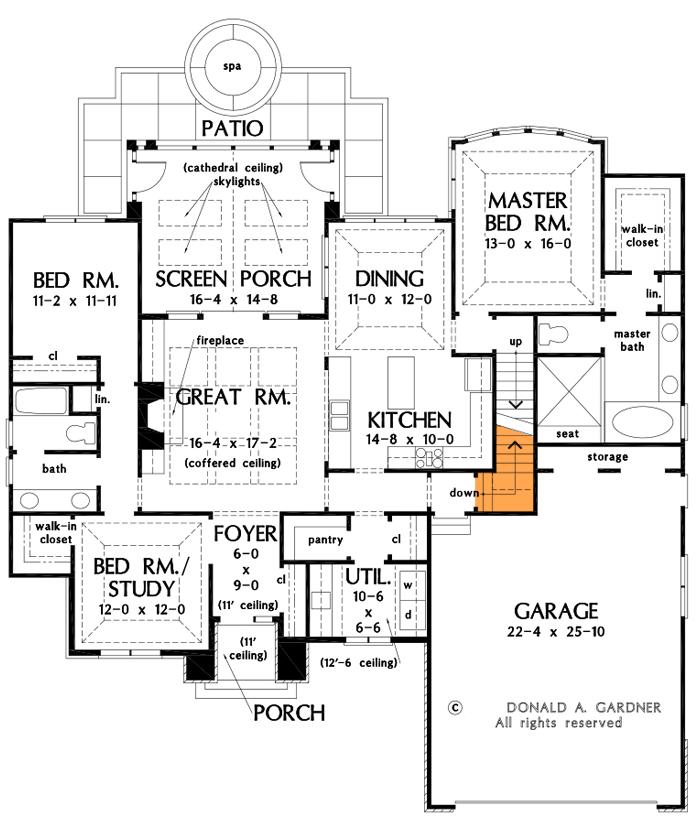 Plan 444053GDN: European Cottage with Vaulted Rear Screen Porch with 17' Ceiling - Floor Plan - Basement Option - Cottage, European, French Country