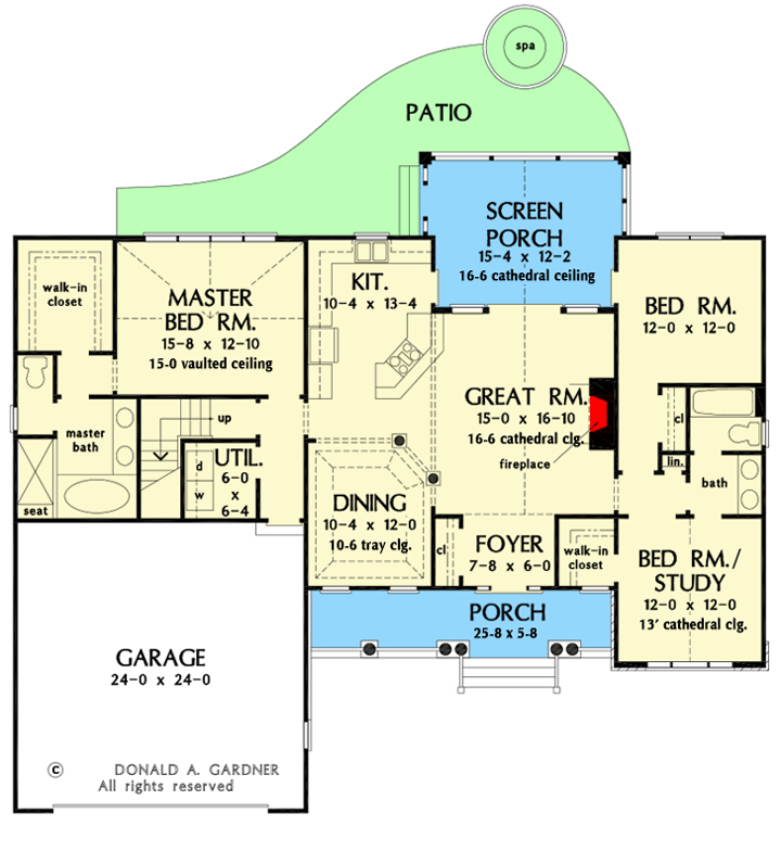 Plan 444069GDN: One-story Craftsman House Plan with 16'6" Cathedral Ceiling in the Great Room and Screened Porch - Floor Plan - Main Level - Craftsman