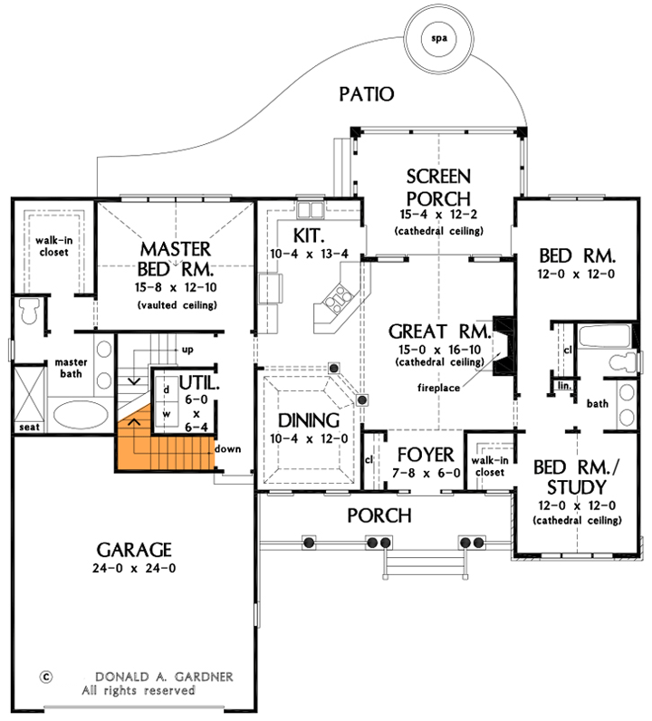 Plan 444069GDN: One-story Craftsman House Plan with 16'6" Cathedral Ceiling in the Great Room and Screened Porch - Floor Plan - Basement Option - Craftsman