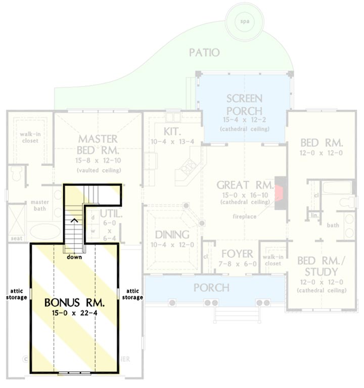 Plan 444069GDN: One-story Craftsman House Plan with 16'6" Cathedral Ceiling in the Great Room and Screened Porch - Floor Plan - Bonus Room - Craftsman