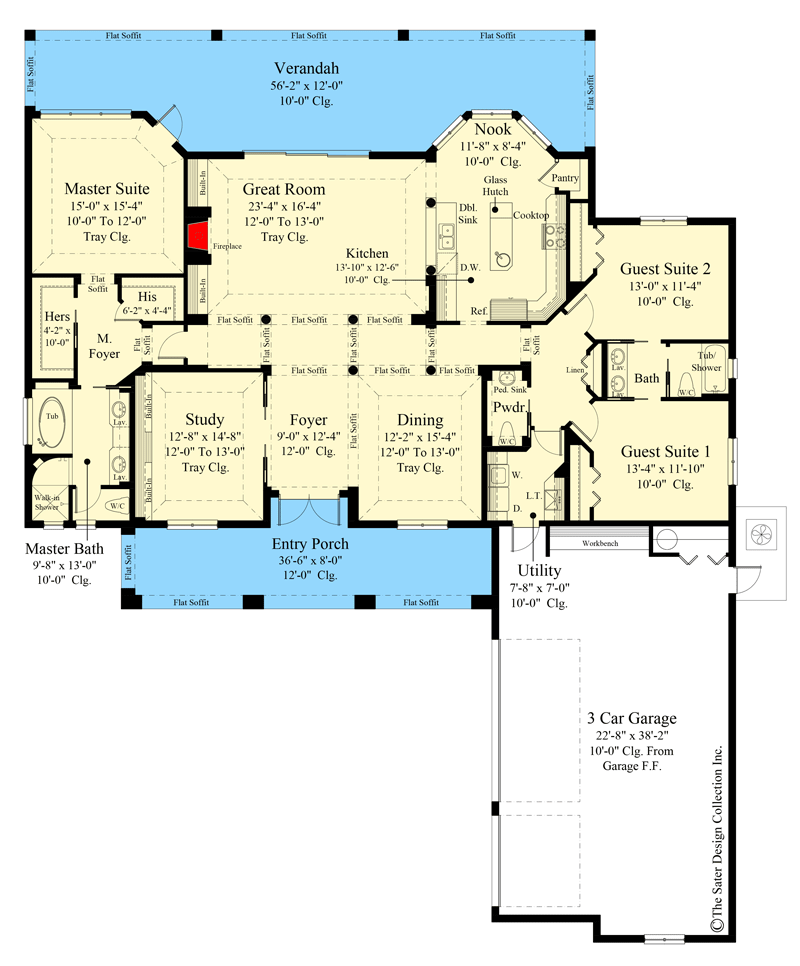 Plan 340066STR: Contemporary 3-Bed Florida-style House Plan with 12'-Deep Rear Veranda - Floor Plan - Main Level - European, Florida-Style, Mediterranean, Transitional
