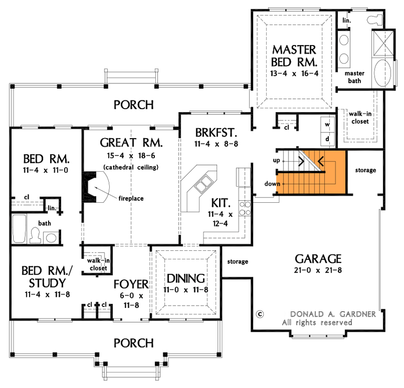 Plan 444204GDN: Traditional 3-Bed Ranch with Bonus Room - 1724 Sq Ft - Floor Plan - Basement Stair Location - Ranch, Traditional