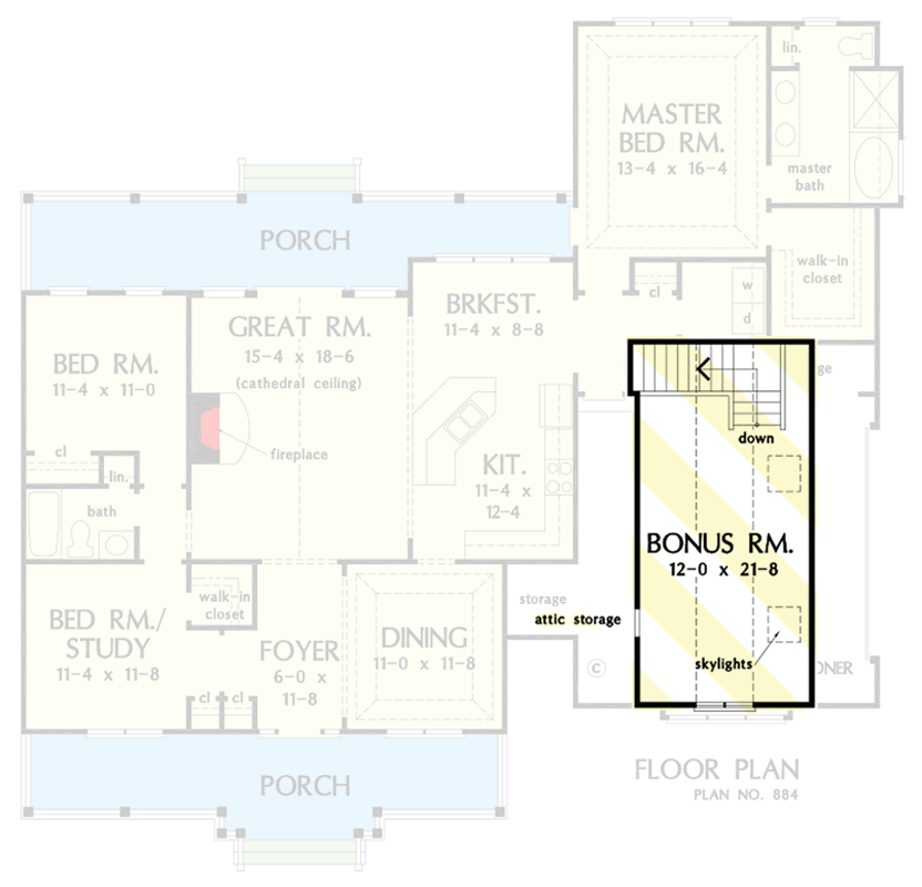Plan 444204GDN: Traditional 3-Bed Ranch with Bonus Room - 1724 Sq Ft - Floor Plan - Bonus Room - Ranch, Traditional