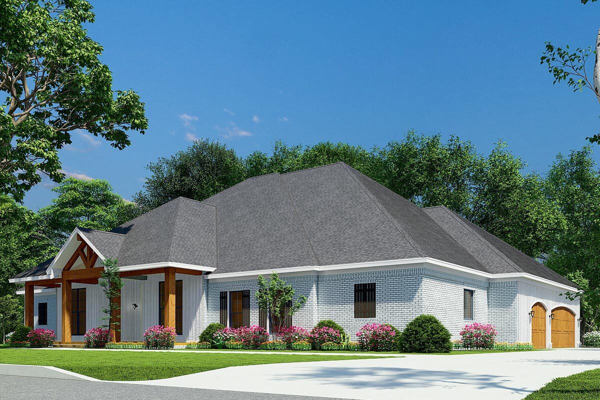 One Story House Plan with Brick, Board and Batten and Attractive Wood ...