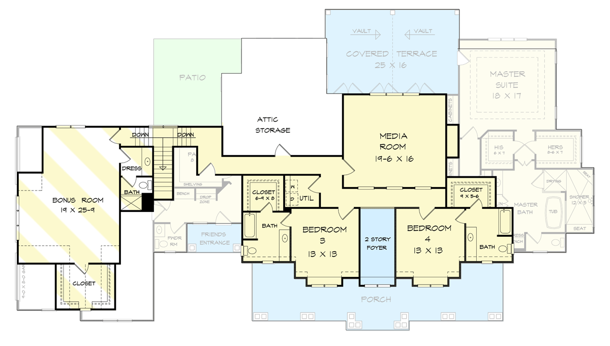 Plan 360098DK: Expandable 4-Bed House Plan with Side-Entry 3-Car Garage - Floor Plan - Second Level with Bonus Room - Craftsman, Traditional