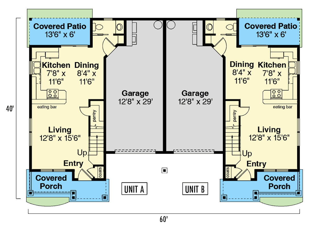 Plan 72322DA: Country Style Multi-Family House Plan with Covered Porch and Patio - 2060 Sq Ft - Floor Plan - Main Level - Country, Traditional