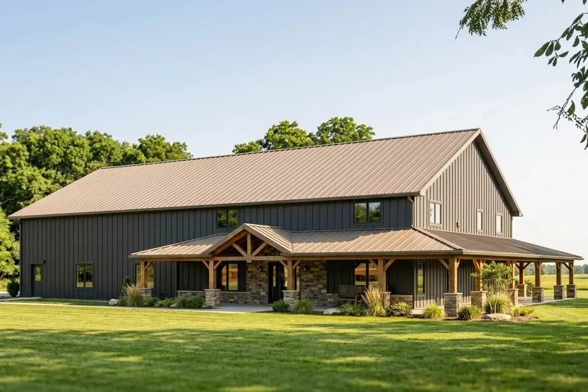 2-Story Barndominium with Home Office and Wraparound Porch