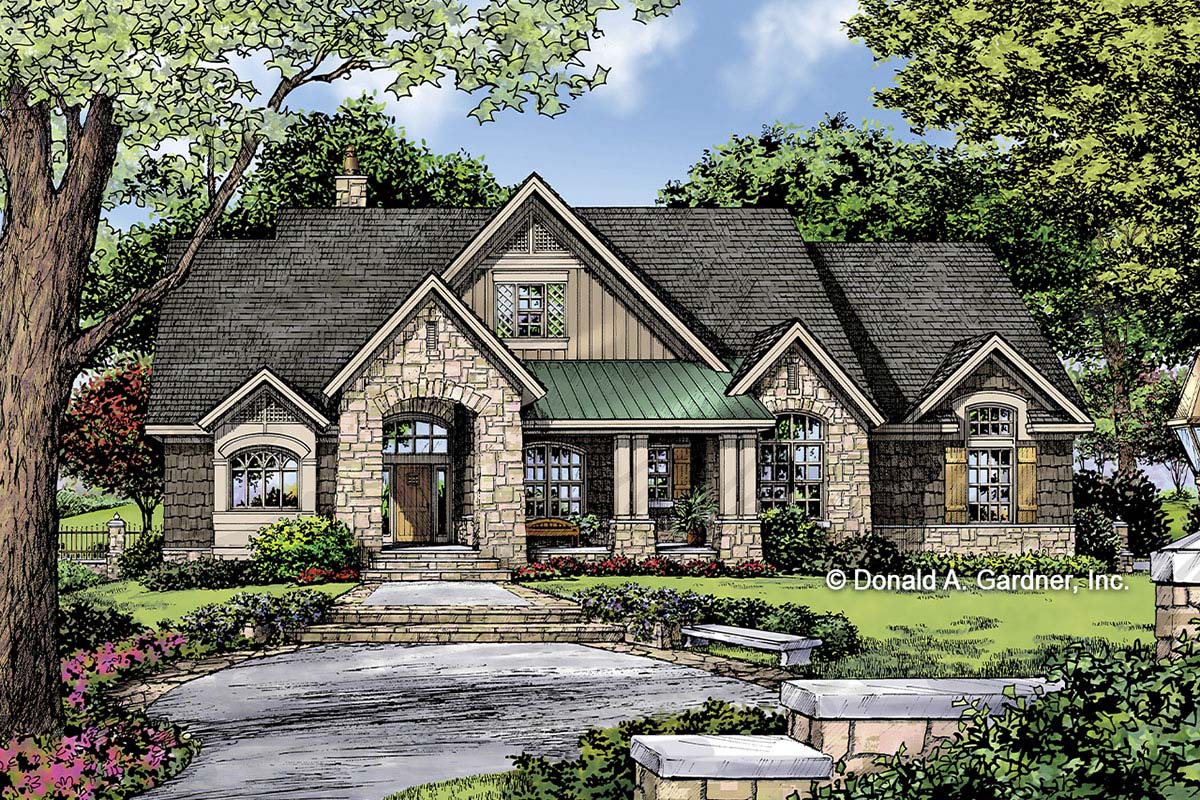 Plan 444320GDN: Rustic Craftsman Home Plan with Stone Portico and Bonus ...