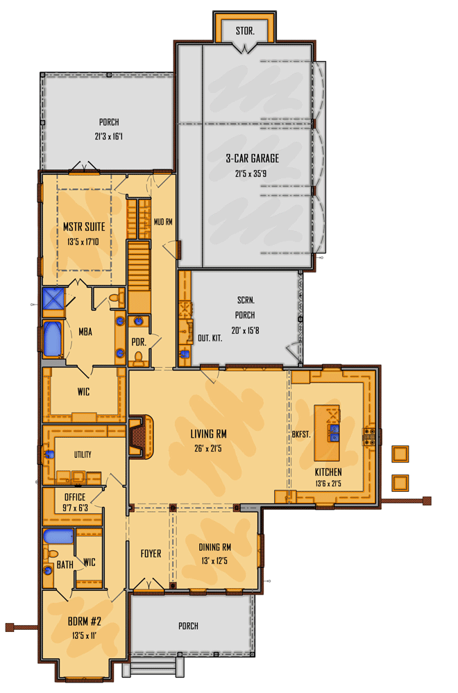 Plan 510218WDY: Acadian House Plan with Screened Porch and Optional Second Level - Floor Plan - Main Level - Acadian, Country, European, Farmhouse, French Country, Louisiana-Style, Southern, Traditional