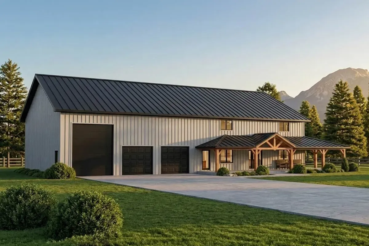 4-Bed Barndominium with Front and Rear Porches and Lower Level Expansion