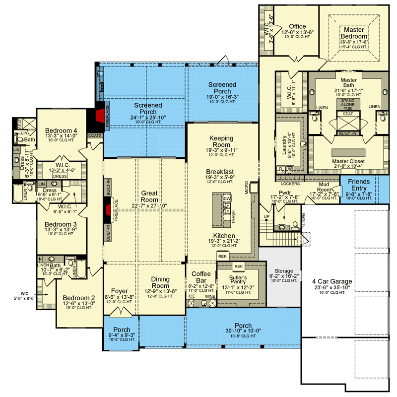 Plan 510222WDY: New American Farmhouse Plan with Large Screened Porch and Deluxe Homeowner's Wing - Floor Plan - Main Level - Acadian, Country, Louisiana-Style, Modern Farmhouse, New American, Southern