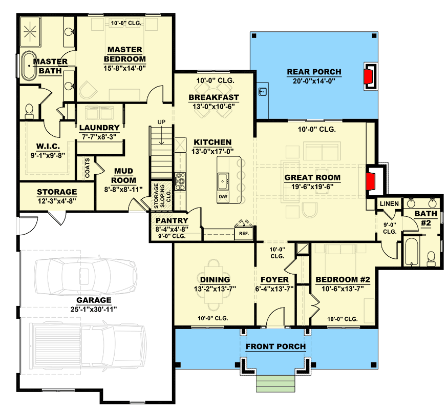 Plan 810002RBT: 2-Story Country Cottage House Plan with Laundry Access from Master Closet - Floor Plan - Main Level - Cottage, Country, New American, Southern, Traditional