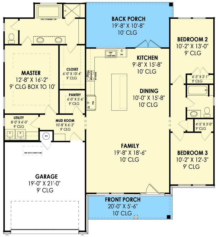 Plan 818014JSS: Split-Bed Country Craftsman Plan with Front and Rear Porches - 1731 Sq Ft - Floor Plan - Main Level - Country, Craftsman, New American, Ranch, Rustic