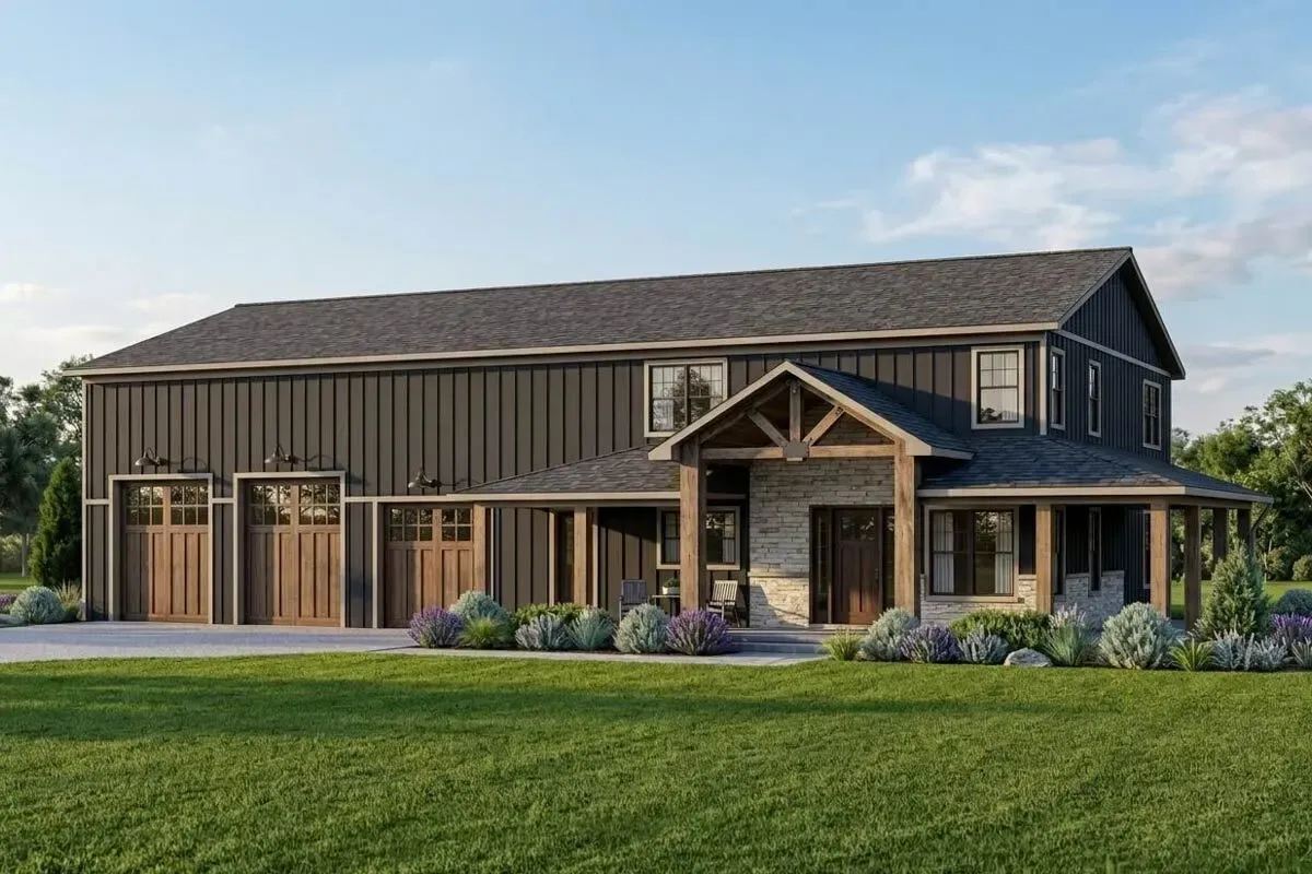 Barndominium-style House Plan with 2 RV Bays and Bonus Space