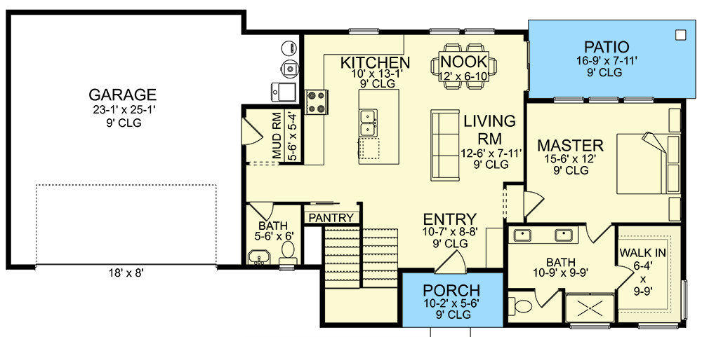 Plan 580053DFT: 1900 Square Foot 3-Bed Modern House Plan with Upstairs Flex Room - Floor Plan - Main Level