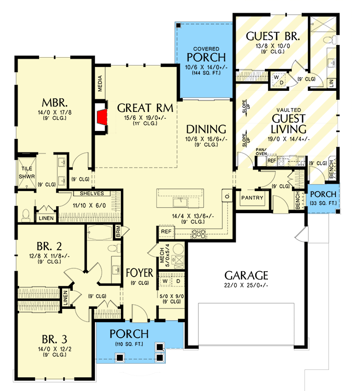 Plan 69358AM: Compact Craftsman Cottage with Multigenerational Living - Floor Plan - Main Level - Cottage, Country, Craftsman, Northwest, Ranch, Rustic