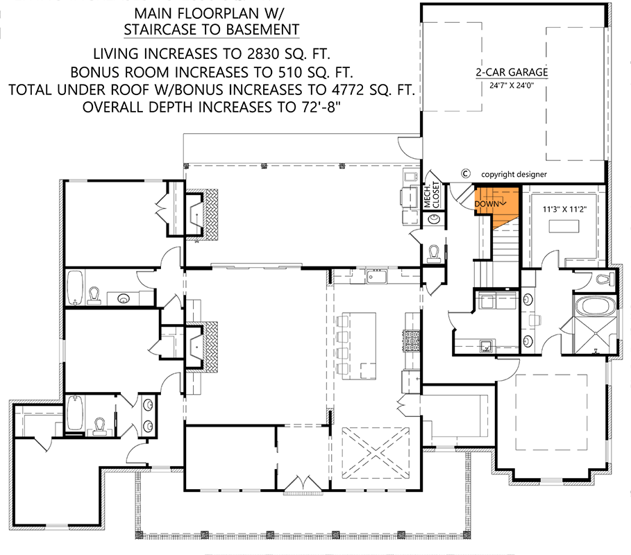 Well-Balanced Acadian Farmhouse-Style 4-Bed House Plan Under 2800 Square Feet - 56527SM floor plan - Main Level - Basement and Bonus Option (+$ Paid Upgrade)